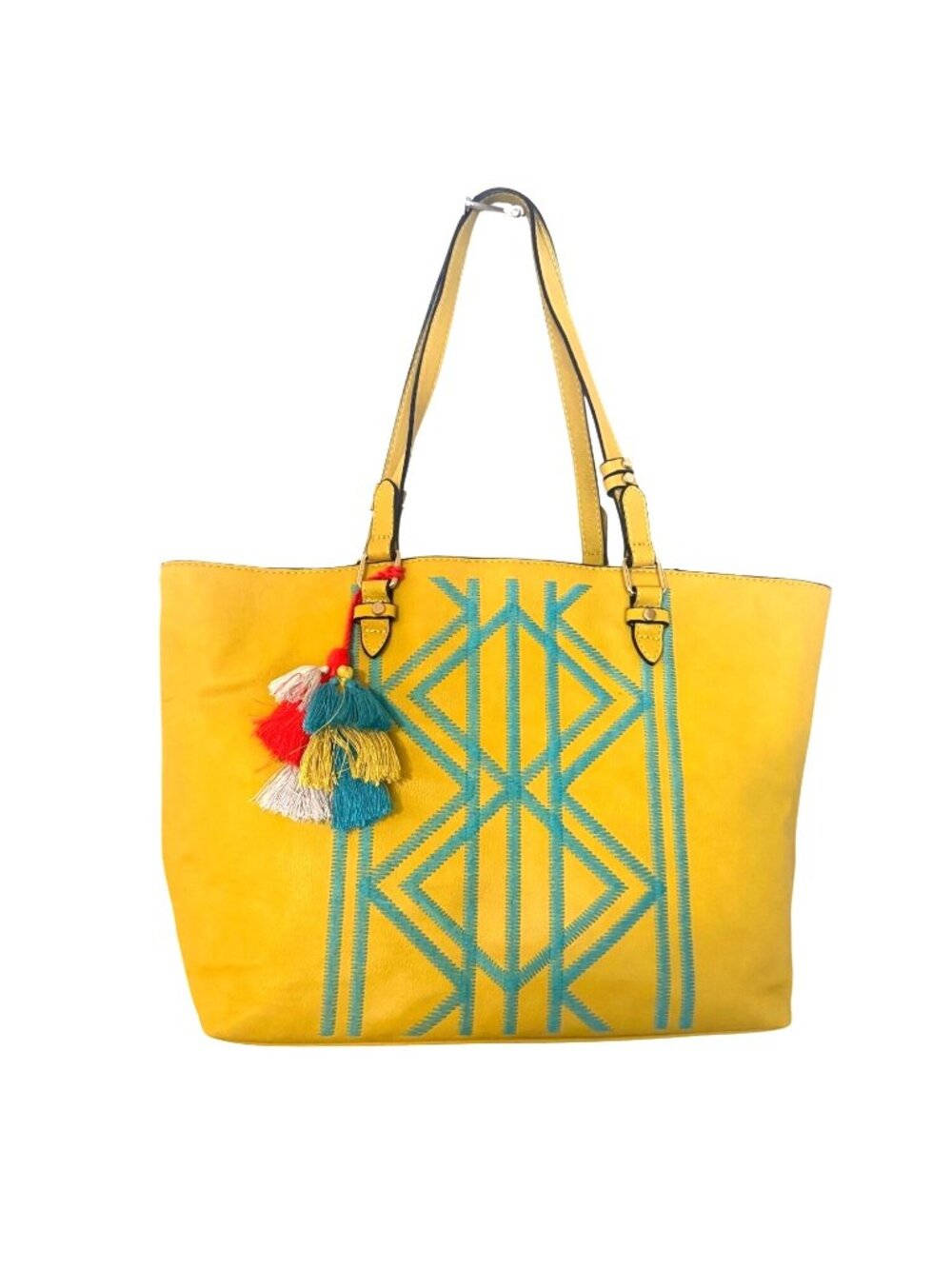 Kate Landry Bright Yellow Tote Bag Turquoise Embroidery Gorgeous Tribal Vibe